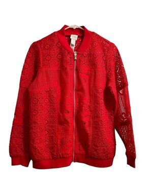 Chico’s Red Sheer Fancy Crochet Lace Blazer, Womens 4 - Chicos Size 0 BEAUTIFUL!